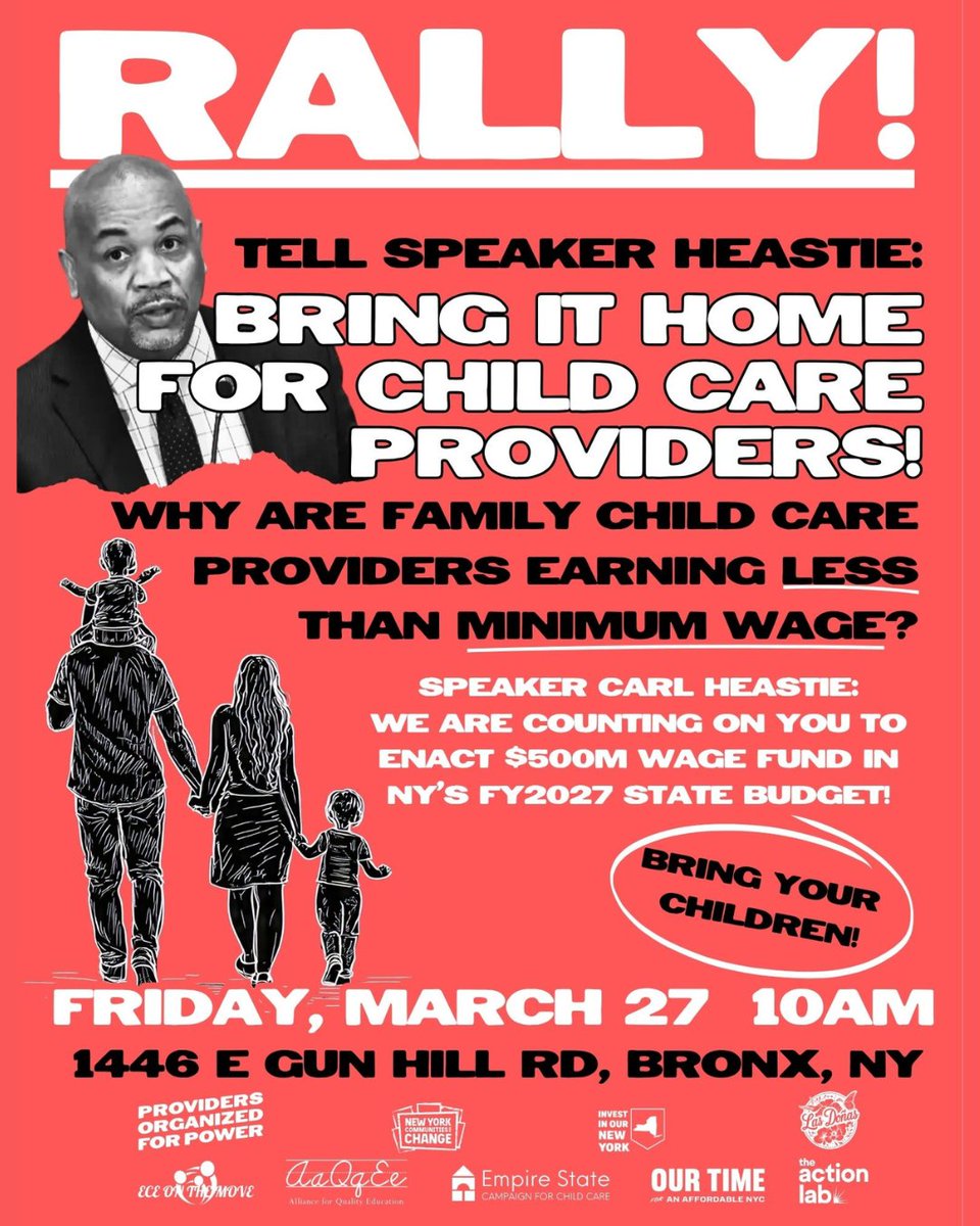 DadsForAll's tweet photo. Childcare workers don't earn a living wage in any state. 43% are on public assistance.

This is a policy failure — &amp; fixable.

NYC: We're rallying at Speaker Heastie's office demanding $500M for workers in the state budget.

📍 1440 E. Gun Hill Rd., The Bronx | Fri. Mar. 27, 10am https://t.co/SO460CIPij