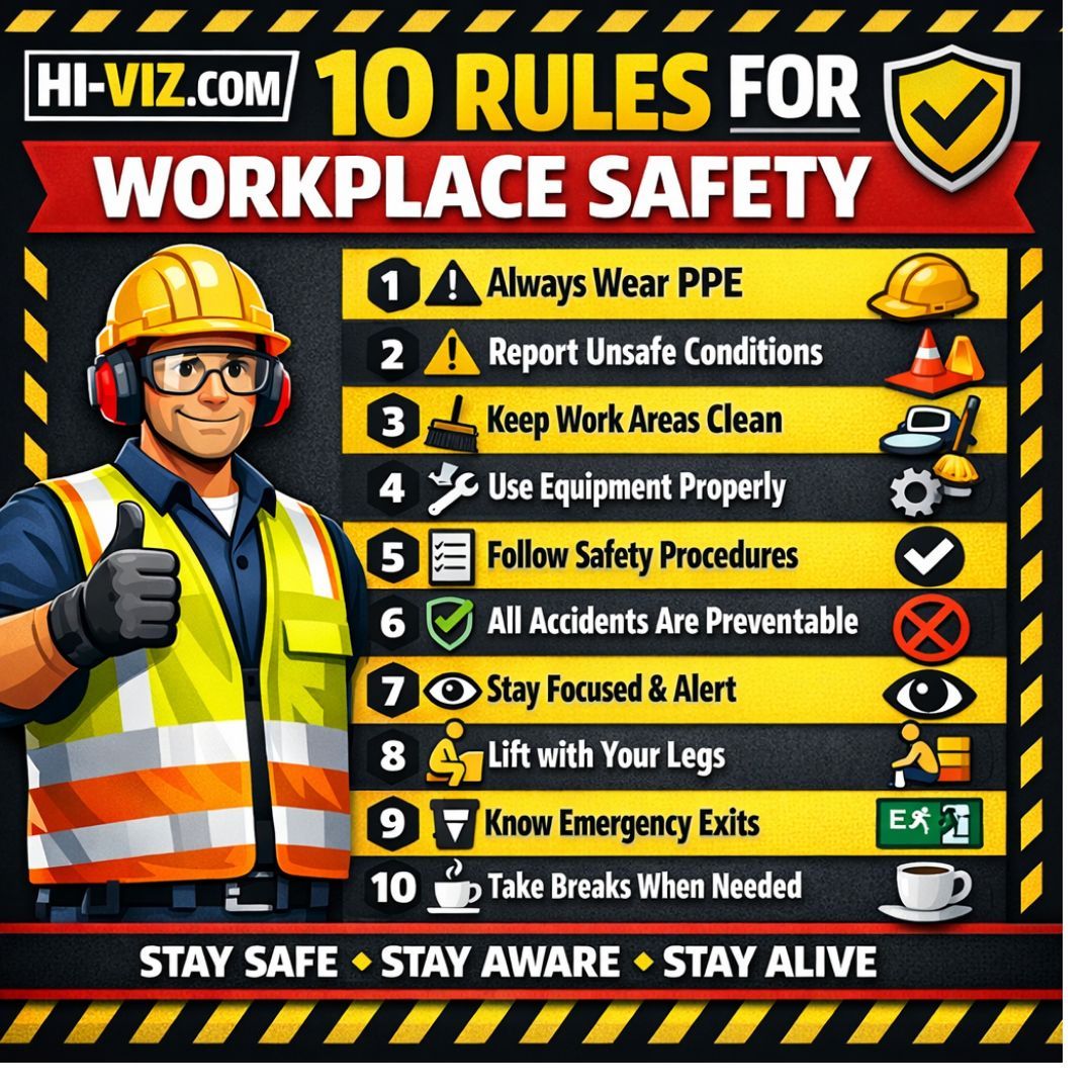 HiVizSafety's tweet image. 10 Rules for Workplace Safety

At HI‑VIZ.com, we believe every worker deserves to go home safe.
Here are the essential safety rules every jobsite should follow:

👉 Safety isn’t optional. It’s your first job.

#WorkplaceSafety #HiViz #SafetyFirst #PPE #StaySafe