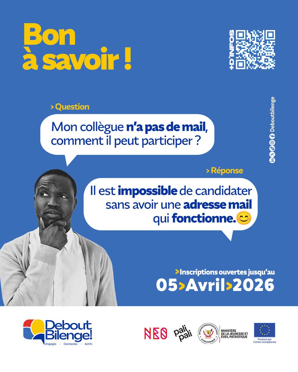 💡Bon à Savoir ! 📌Il vous faut une adresse mail qui fonctionne pour candidater à @debout_bilenge2 ☺️

Déposez votre candidature sur ce lien👉🏽allinks.click/DeboutBilenge2…

⏳ Date limite : Dans 9 jours ⏱️

#deboutbilenge2 #db2 #fyp