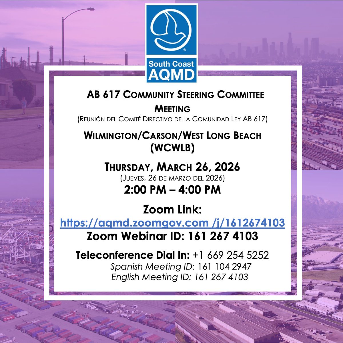 SouthCoastAQMD's tweet image. Tune into our Facebook Live Stream of today’s #Wilmington / #Carson / West #LongBeach Virtual #AB617 Community Steering Committee meeting starting at 2pm: facebook.com/SouthCoastAQMD. More info: aqmd.gov/ab617