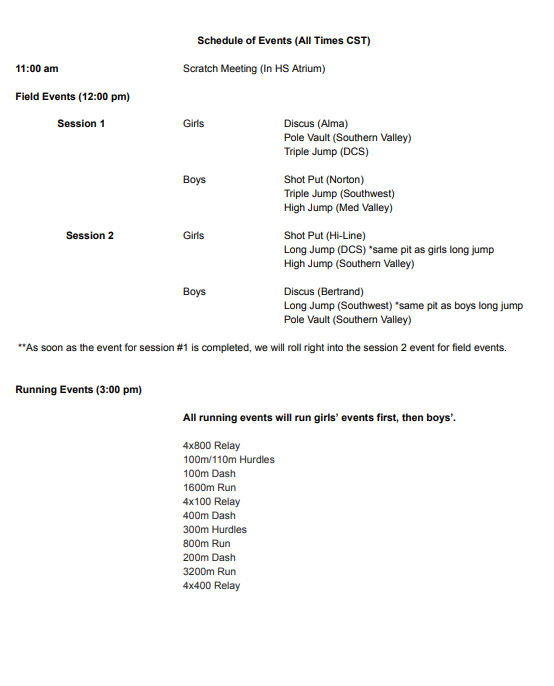 HSTr: Hi-Line @ Southern Valley Invite (SV High School) Friday, March 27th, 2026 starting at 12:00 PM with Field Events and Running Events at  3:00 PM. Schedule Attached. #gobulls