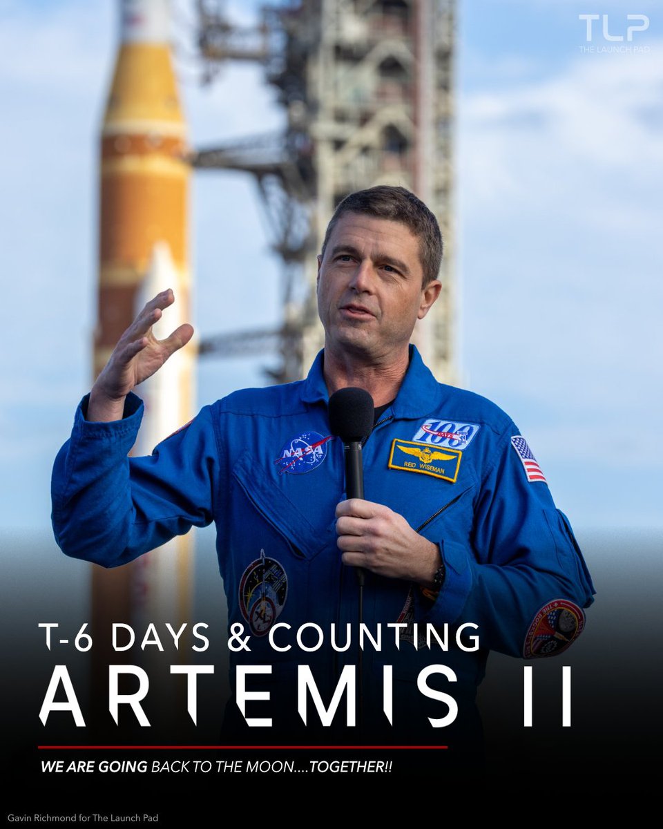 TheLaunchPadX's tweet photo. 6 DAYS UNTIL ARTEMIS II LAUNCHES 🚀
At the helm of humanity’s return to deep space; Commander Reid Wiseman!

📅 Launch NET: April 1, 2026
🕘 Launch Window: 6:24 PM – 8:24 PM ET

We are going back to the Moon… together. 🌕

Follow for the latest Artemis II mission updates. https://t.co/Xx8jBeFiGG