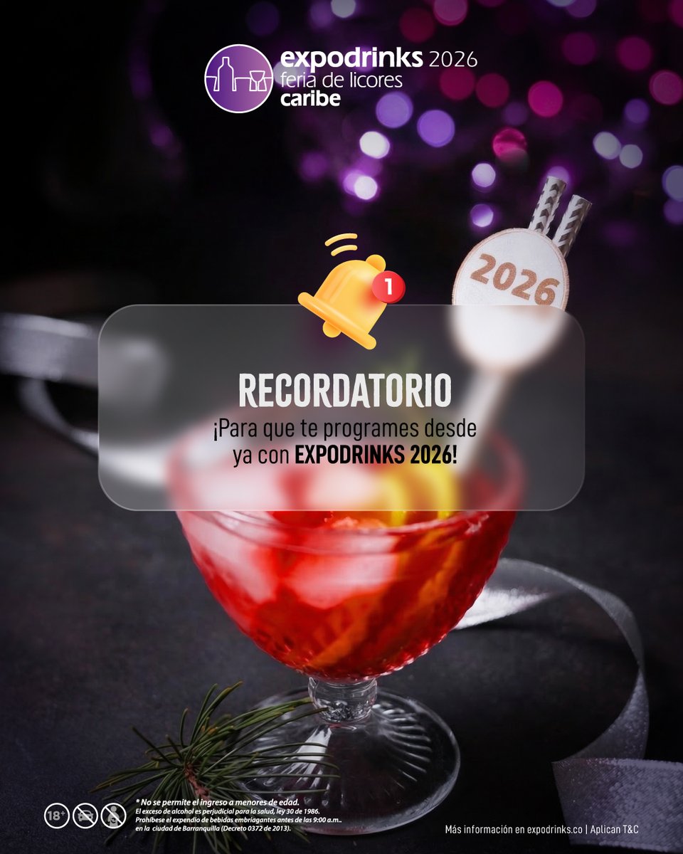 feriaexpodrinks's tweet photo. 🔔 Recordatorio activado…
Se viene Expodrinks 2026 🍸

Una experiencia para descubrir, conectar y brindar con amigos.

Nos vemos en noviembre con lo mejor de la feria de licores más importante del Caribe, conoce más información en https://t.co/V76ZCw6TaL

#Expodrinks2026 https://t.co/WCcWwZejlV