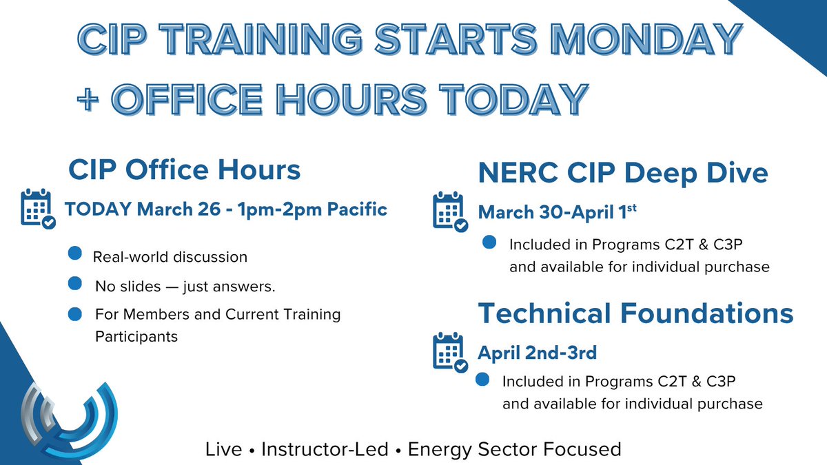 ⏳ Reminder: NERC CIP Deep Dive Starts Monday
Our next LIVE NERC CIP Deep Dive training begins March 30–April 1, followed by Technical Foundations, April 2–3—a full week of hands-on learning designed to strengthen your understanding of CIP requirements and real-world application.