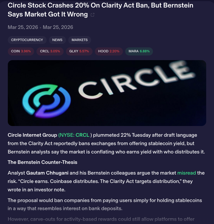CIRCLE stock down on Clarity Act ban...
Exchanges are being told they can't offer a Stablecoin yield on their platforms that resembles interest on bank deposits.
#circle $CRCL #stablecoin #cryptocoin