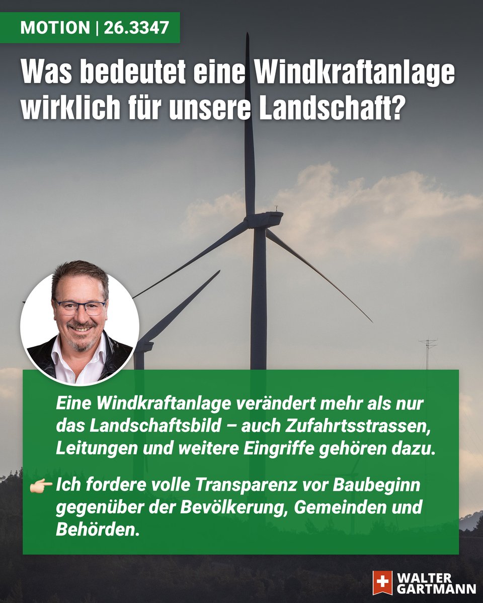 In meiner aktuellen Motion zur klaren Bauanzeige von Windkraftprojekten fordere ich mehr Transparenz, damit die Bevölkerung, Gemeinden und Behörden die Auswirkungen vor Baubeginn fundiert beurteilen können.

👉🏻parlament.ch/de/ratsbetrieb…