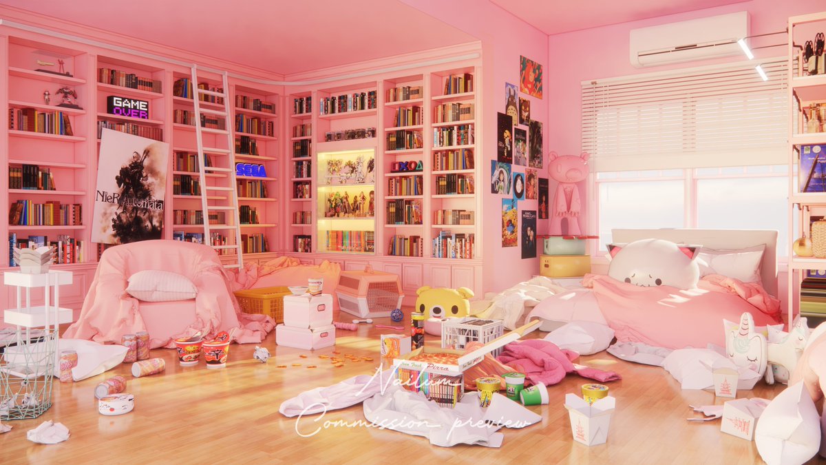 ArtNailum's tweet image. Cute rooms, each a little messy in their own way, plushies leaning in corners, books left open, small clutter quietly building up. Nothing’s really in place, but somehow every room still feels just right.

#background #opencommissions #Vtuber #VTuberAssets