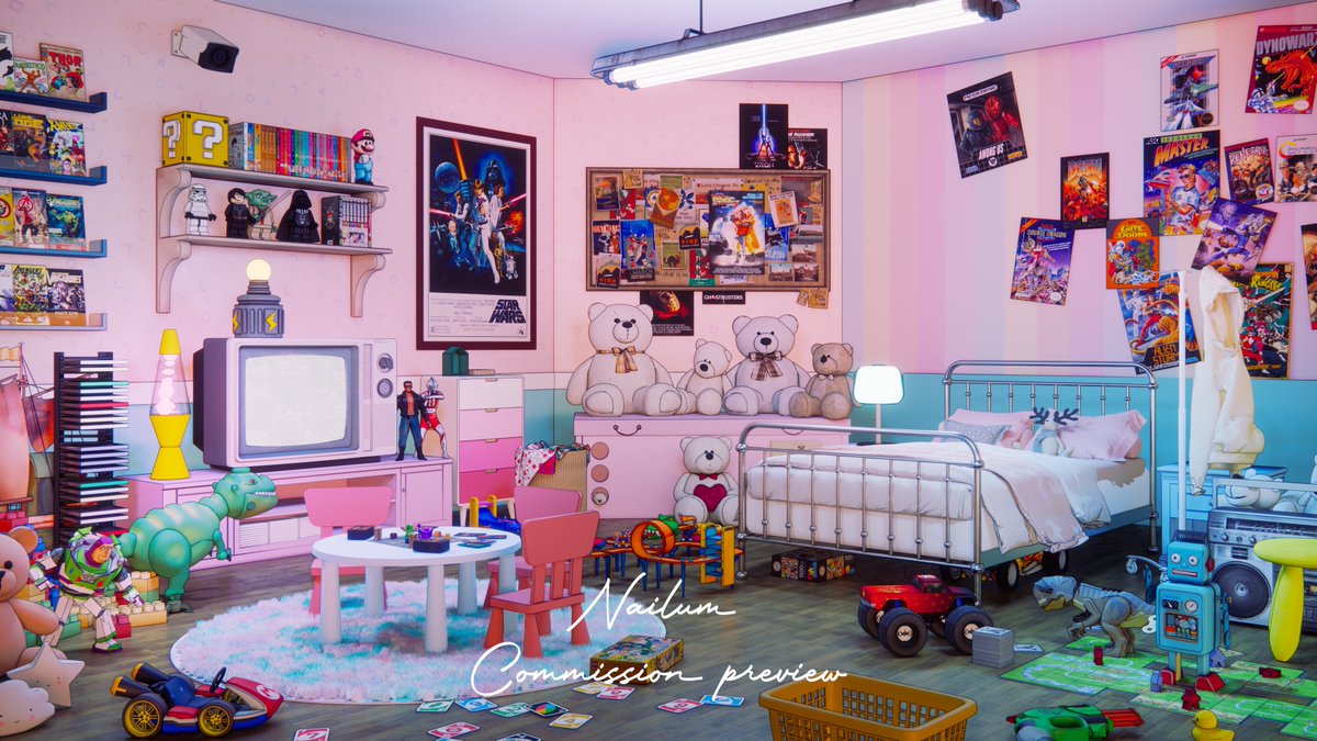 ArtNailum's tweet image. Cute rooms, each a little messy in their own way, plushies leaning in corners, books left open, small clutter quietly building up. Nothing’s really in place, but somehow every room still feels just right.

#background #opencommissions #Vtuber #VTuberAssets