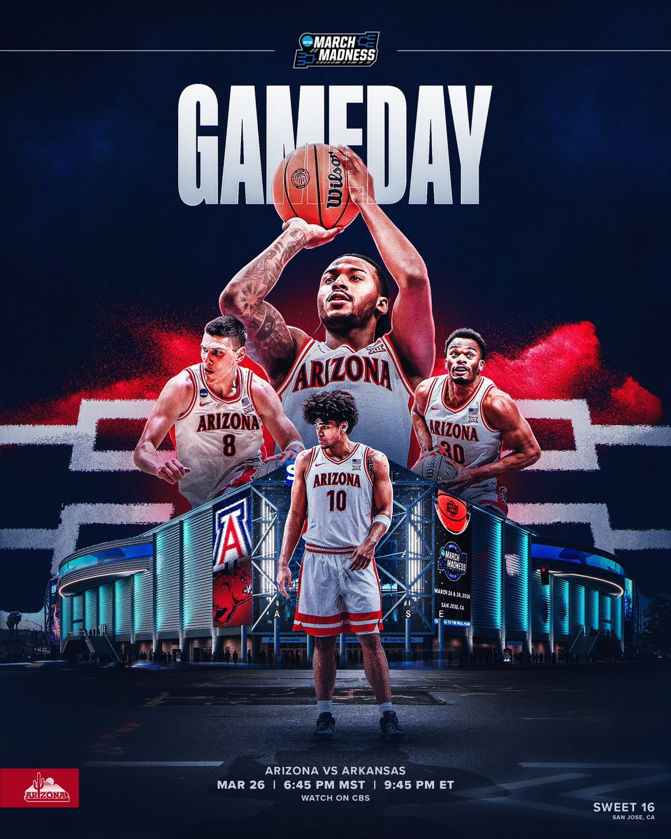 ArizonaMBB's tweet photo. ꜱᴡᴇᴇᴛ 𝟣𝟨

🆚 Arkansas
📍 San Jose, CA
⏰ 6:45 MST
📺 CBS
🎙️ https://t.co/sAR8fRPBUN (English)
📊 https://t.co/HtOILsHSyq https://t.co/lQI3pBNwzP