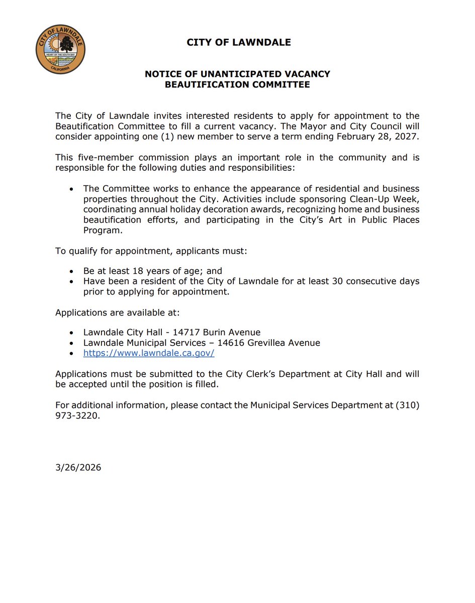 Hey Lawndale,  the Beautification Committee has a Vacancy. If interested applications  are available at City hall, Municipal services and on our website.