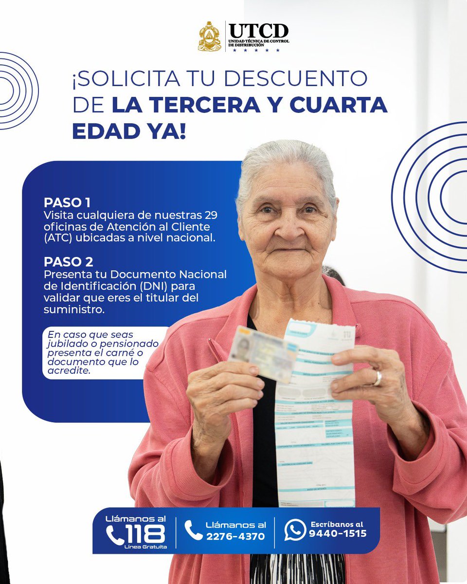 utcdhn's tweet photo. Si eres jubilado o pensionado, puedes solicitar tu descuento especial de tercera y cuarta edad.
🪪 Solo necesitas tu DNI
📍 Visitar una oficina de Atención al Cliente
✨ Y comenzar a disfrutar el beneficio
📞 Escríbenos para más información al 118
#BeneficiosUTCD #AdultosMayores https://t.co/GozrND8VdR