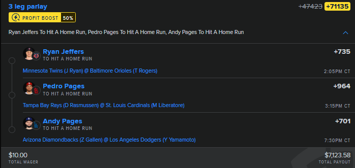 gamble2freedom's tweet photo. FanDuel MLB Opening Day dingers. Pedro Pages. Andy Pages... you're brothers?

Value found on @OddsJam 🍀 https://t.co/fsaN9BxMFJ