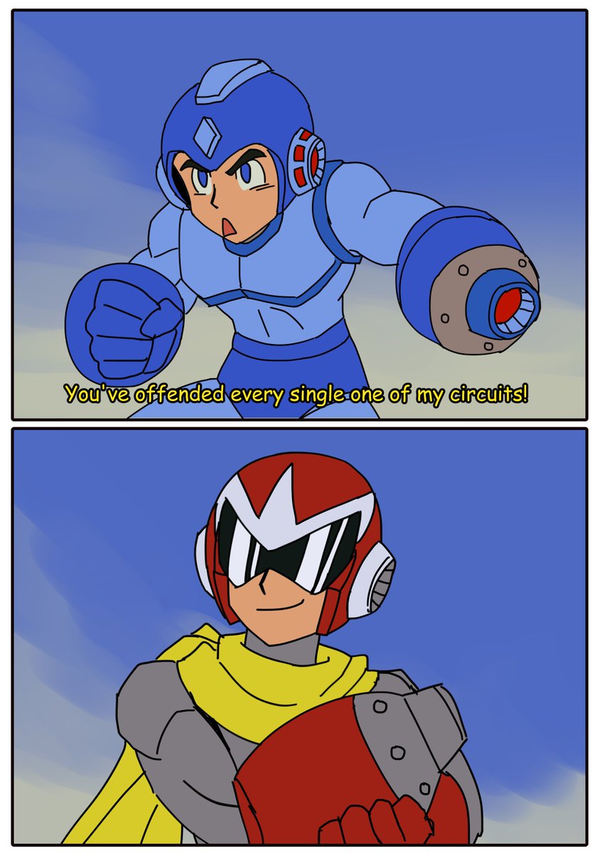 RetoroRobotto's tweet photo. #megaman #rockman #protoman 
My brother once dreamed he was watching Ruby-Spears, and Mega Man said that to Proto Man😂

I can totally see that happening in the show!! https://t.co/Afs5Pz6Ih0