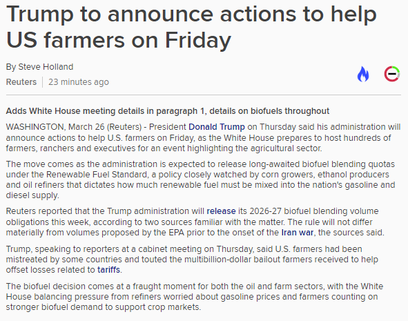 kannbwx's tweet photo. 🇺🇸Trump said on Thursday that his administration will announce actions to help U.S. farmers on Friday. Further details are unavailable, though final biofuel blending quotas are the obvious market expectation. https://t.co/4wwLZa9AXf