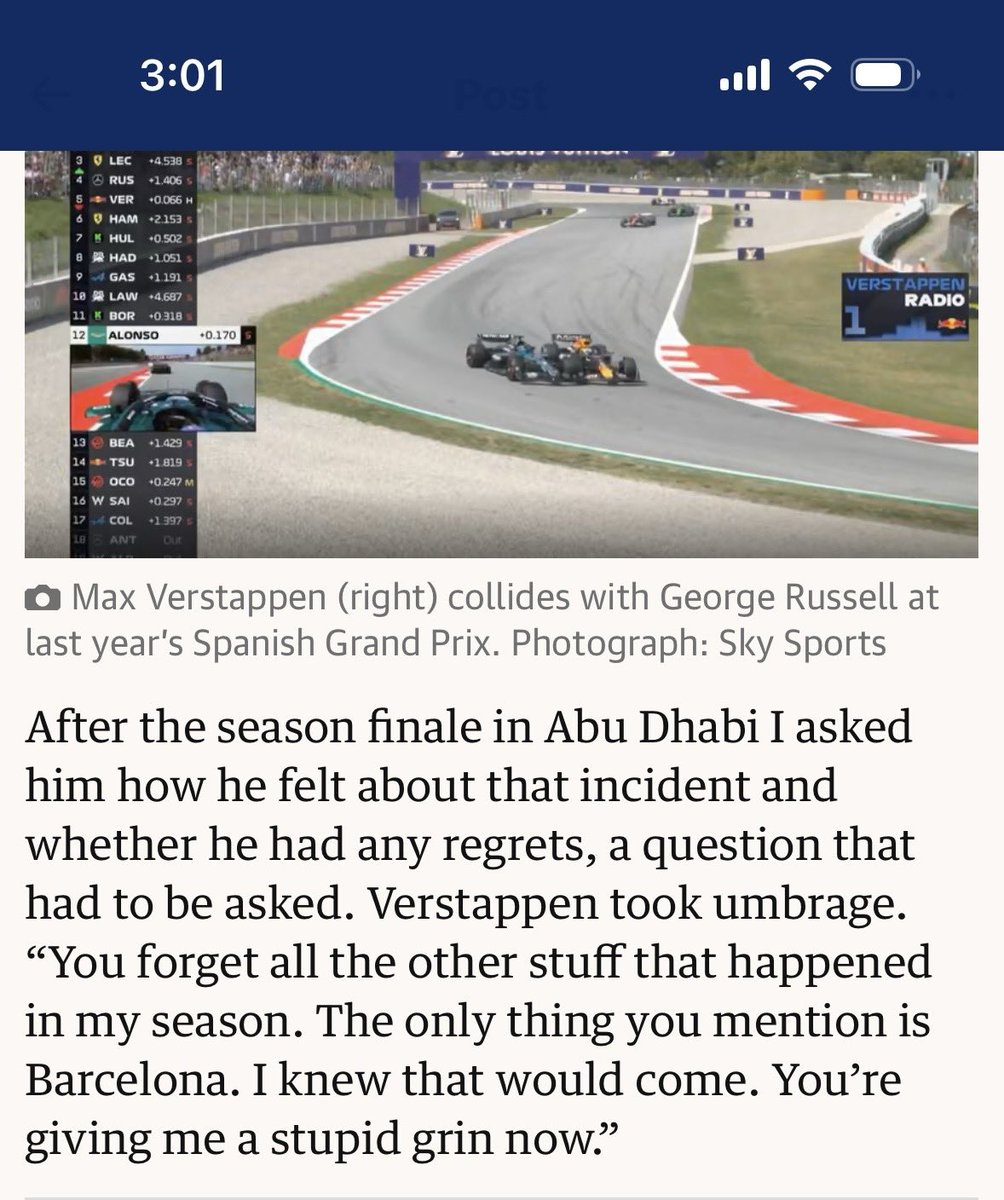 DayDreamNL's tweet photo. @RyanoH70 @jeff_gluck From the journalist’s article about it. Giles Richards, I believe. It seems Max didn’t want to be distracted with the possibility of another stupid question. Smart. https://t.co/JOKfqJfC5x