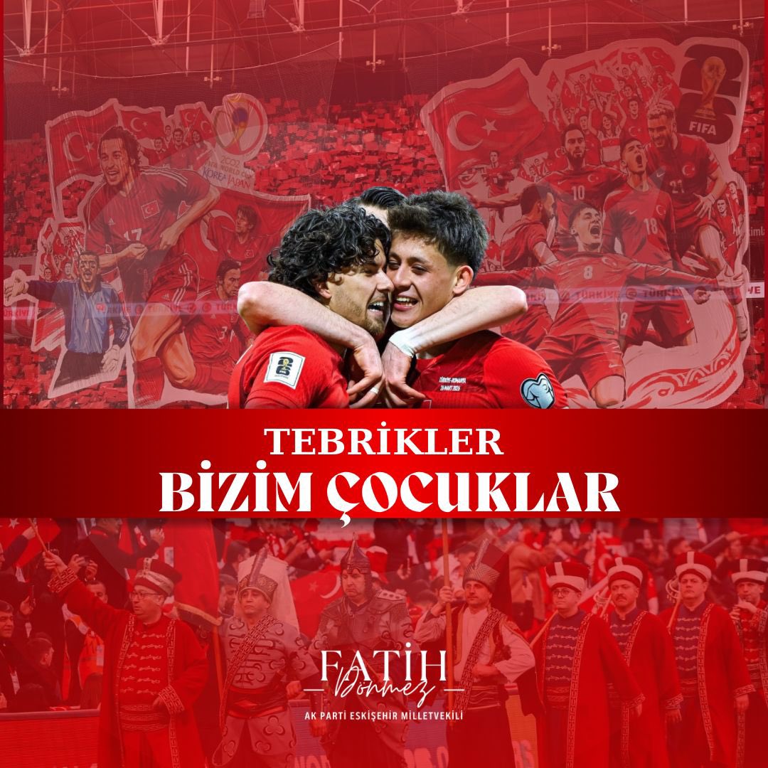 fatih_donmez's tweet photo. 2026 FIFA Dünya Kupası play-off turunda FİNALDEYİZ!🇹🇷

Ay - yıldızlılarımızı ve teknik ekibimizi gönülden tebrik ediyor, Dünya Kupası yolunda başarılarının devamını diliyorum.
👏👏👏👏👏👏👏👏👏👏👏👏

Yolunuz açık olsun! 🇹🇷 #BizimÇocuklar https://t.co/sT1KUFzi4b