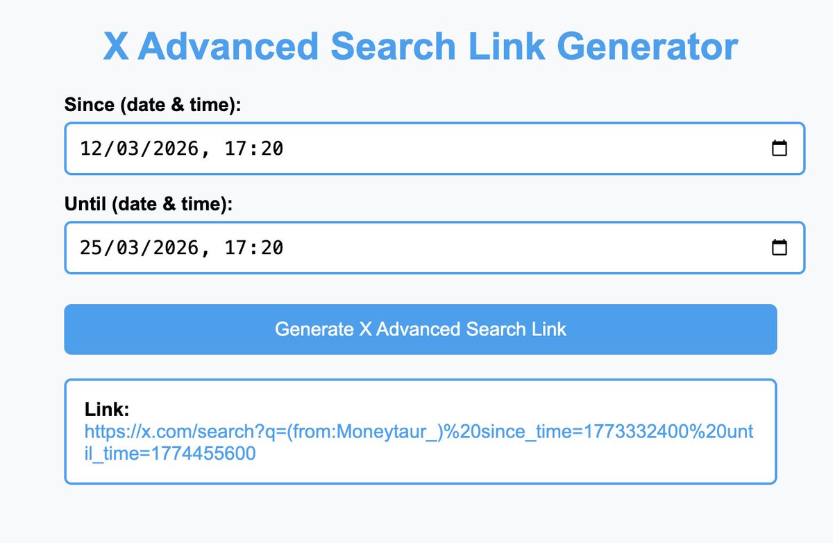 SimpleRange's tweet photo. If you struggle to find all old posts (because X search is broken again), I created little tool to alleviate my own pain. It generates a link to advanced search results using timestamps instead of dates. That way you can have fine control over search range.

https://t.co/k6uTuhk4IJ

Save code as html file.
Open it in browser - done.