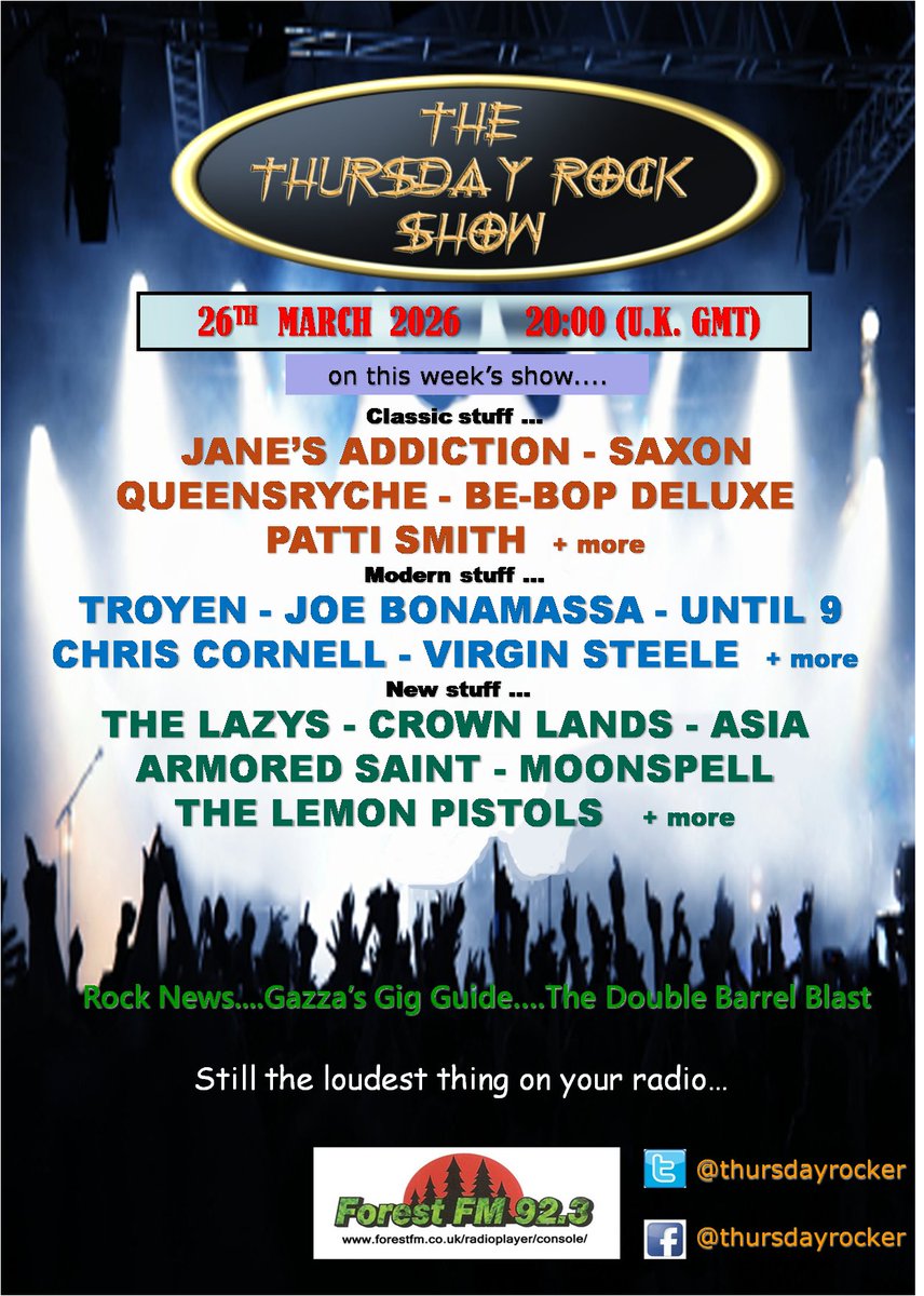 thursdayrocker's tweet image. Announced! @thursdayrocker #radioshow @ForestFMRadio today 8pm (UK) stream forestfm.co.uk/radioplayer/co… @originalasia @CrownLandsMusic @moonspell @thearmoredsaint @JBONAMASSA @chriscornell @Troyen14 @BeBopDeluxeBand @janesaddiction @queensryche @SaxonOfficial #PattiSmith #Until9 +more