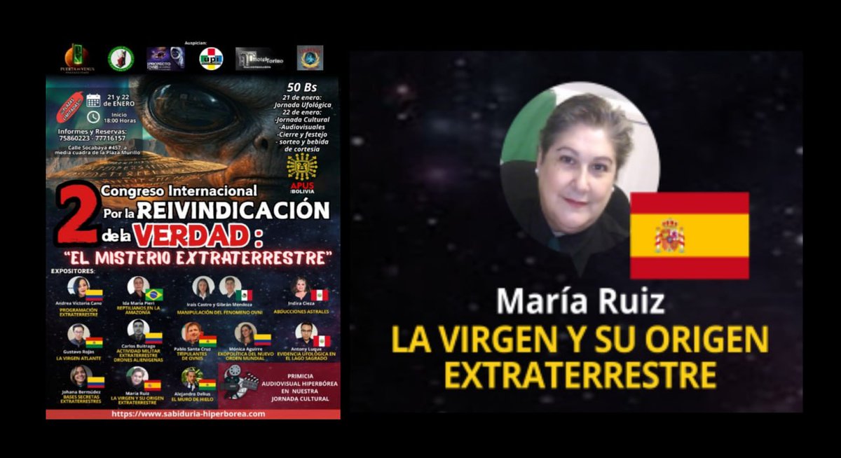 7. LA VIRGEN Y SU ORIGEN EXTRATERRESTRE - MARÍA FRANCISCA RUÍZ (ESPAÑA).
Desde la Virgen protohistoria de la Atlántida, hasta las apariciones marianas contemporáneas.                                                      patreon.com/posts/7-la-vir…