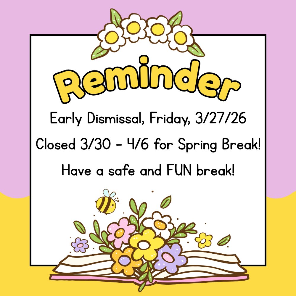 ForTheWinfield's tweet photo. Early dismissal at 12:53pm on Friday, 3/27. The Main Office will close at 1:00pm. Winfield School will be closed from Monday, 3/30 through Monday, 4/6, for Spring Break.  We will reopen on Tuesday, 4/7. https://t.co/1y3HkguAGG