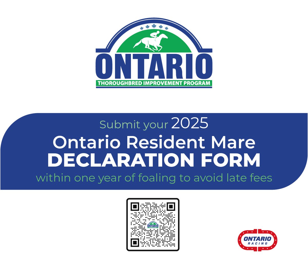 ONTRacing's tweet image. A reminder to submit your Ontario Resident Mare Declaration Form within one year of foaling to avoid late fees!

For information on eligibility requirements and enrolment forms visit the link below.
bit.ly/4aXmRH9

#TIP #ORMP