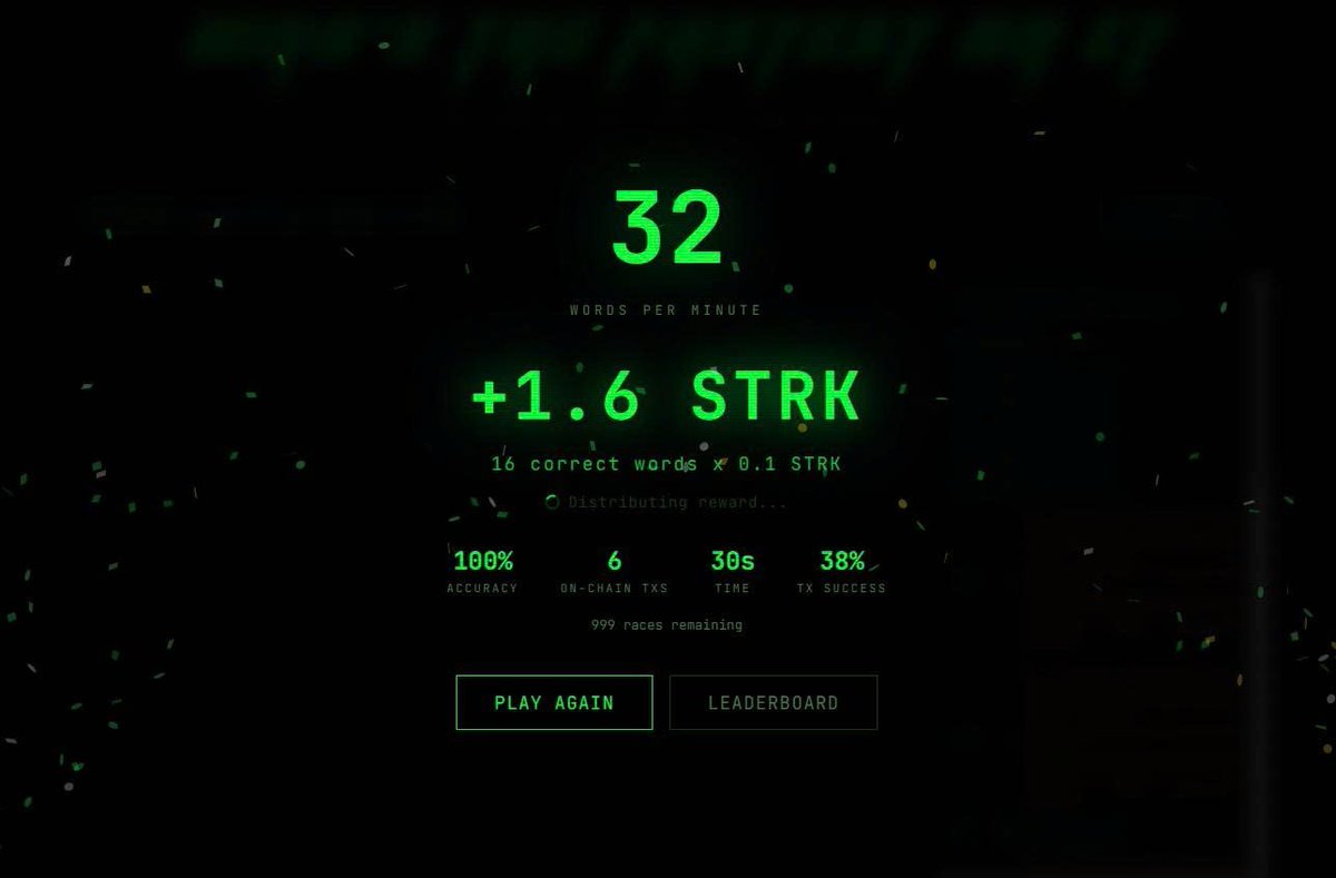 Starknet introduces Typeracer – an on-chain app where every correctly typed word becomes a real transaction and earns STRK rewards.

Built in minutes with Starkzap v2.

Type it until you make it.