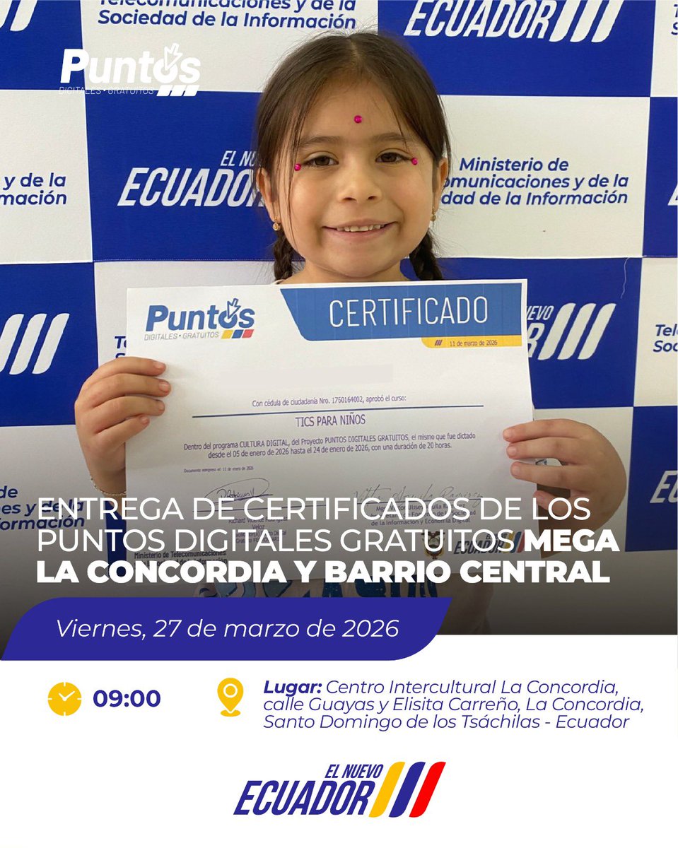 Telecom_Ec's tweet image. 🎓 ¡Mañana celebramos el conocimiento que transforma!

En La Concordia, los Puntos Digitales Gratuitos serán escenario de una nueva entrega de certificados, reconociendo el esfuerzo de quienes apuestan por aprender y crecer. 💻

Seguimos impulsando espacios que fortalecen