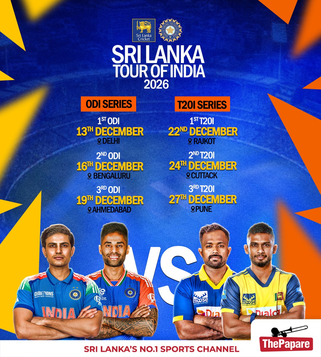 ThePapareSports's tweet image. Mark your calendars! 📅

Sri Lanka tour India for a 6-match white-ball series this December 🏏

#INDvSL