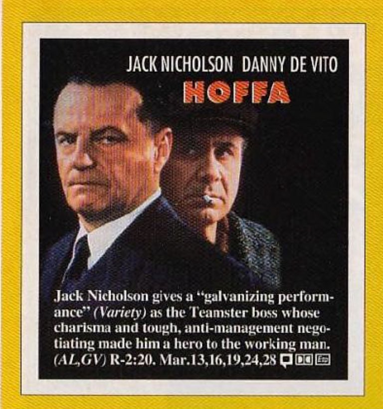ClassicHBOGuide's tweet image. March 1994 @HBO - Jack Nicholson stars in Danny DeVito’s underrated epic: HOFFA - guide ad, newspaper ad, stills, behind the scenes pic #1990s #Hoffa #cinema @DannyDeVito