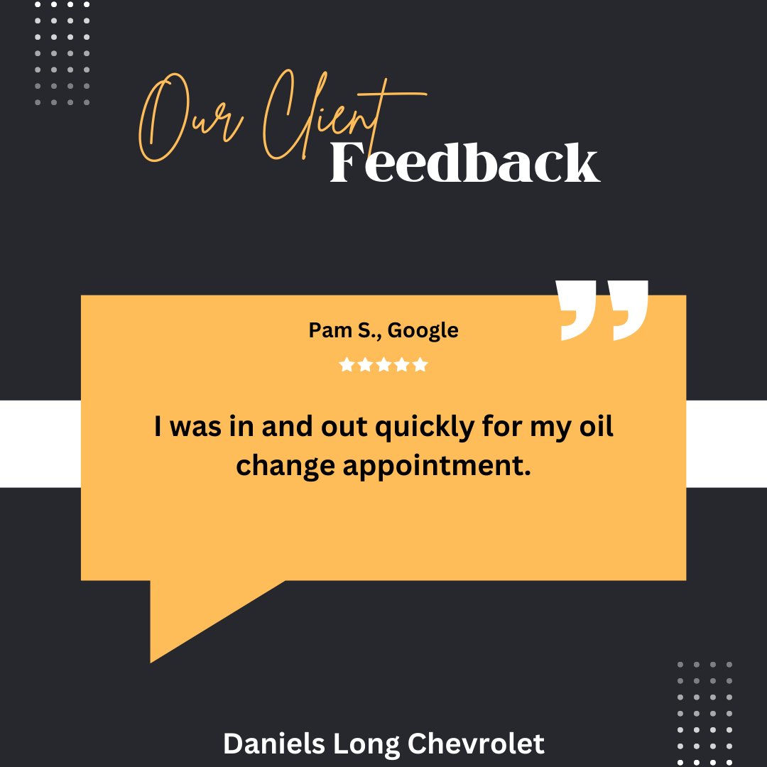 dlchevrolet's tweet photo. Thank you, Pam! We’re glad you had a quick and efficient experience with your oil change at Daniels Long Chevrolet. We appreciate your feedback and look forward to seeing you again for your next service. https://t.co/4w9uJkVp7H