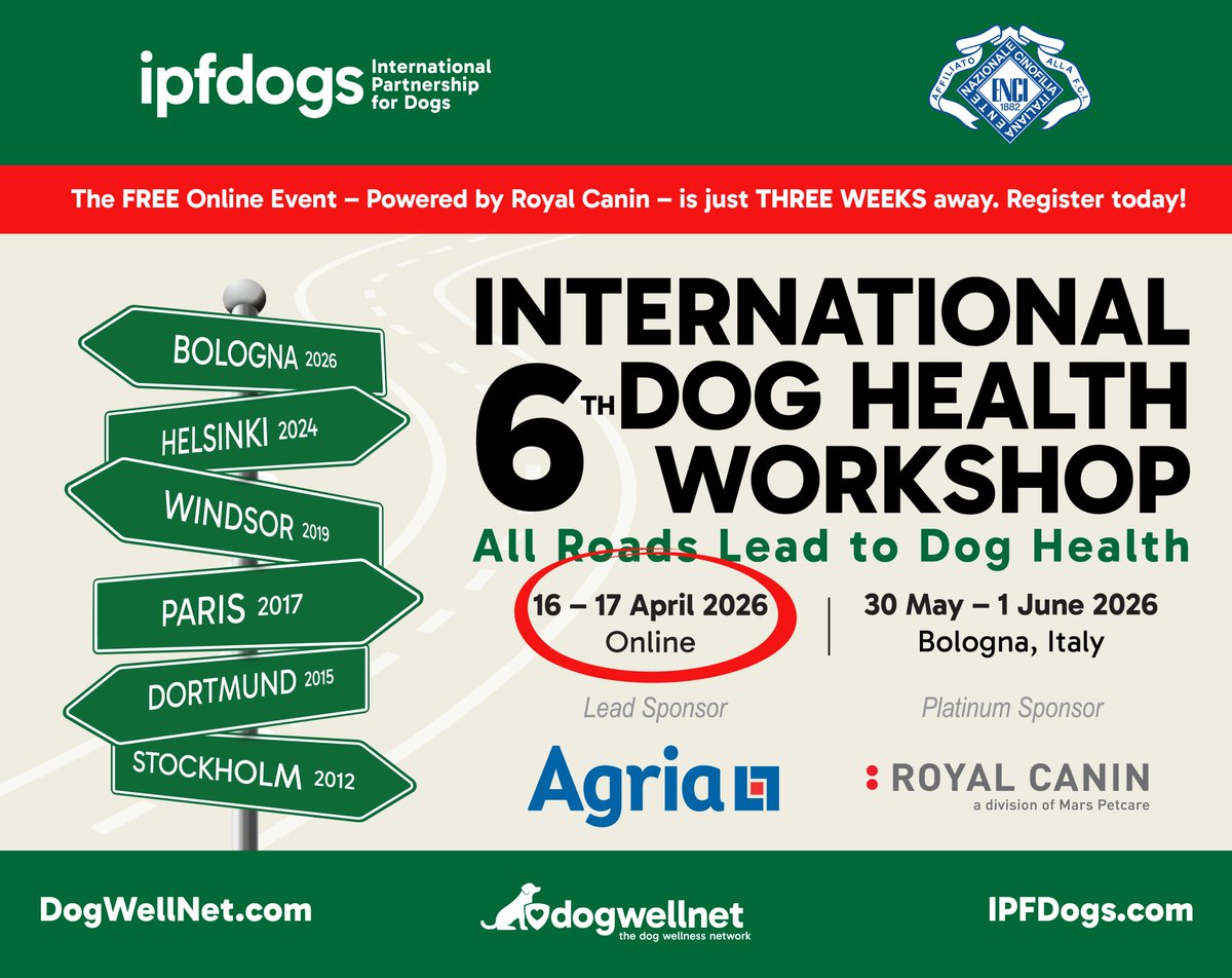 IPFDogs's tweet image. Just 3 weeks to go until the FREE online sessions of the 6th IDHW (16-17 April), featuring informative presentations &amp;amp; interactive discussions leading up to the in-person event in Bologna, Italy, (30 May - 1 June; fees apply): tinyurl.com/ytkv8ju7 #6thIDHW #doghealth