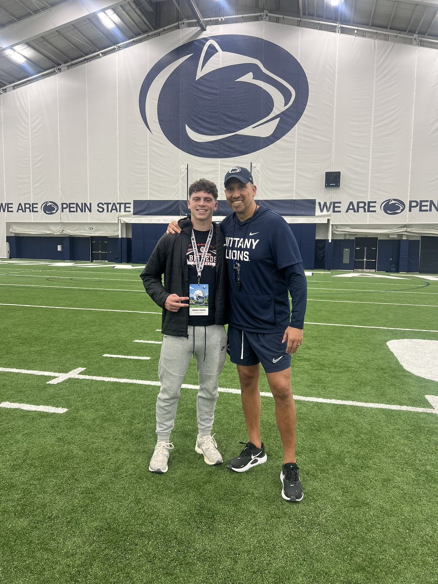 brady_thorn's tweet photo. It was great to get back to Happy Valley with @PennStateFball for a spring visit! Enjoyed conversations with @PSU_JCM @Coach_Broom @CoachMC_PSU and can’t wait to be back soon! #WeAre🦁 #PennStateFball @JoeMento @Coach_Espo 

@RyanSnyderOn3 @tyler_calvaruso @LemmingReport @adamgorney @TheUCReport @TomLoy247 @BrandonHuffman @AllenTrieu @PSUNationRec @WhiteOutFB @Andy_Villamarzo @PRZVicCastillo