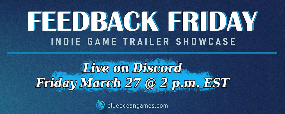 BlueOcean_Games's tweet image. 📢 The #FeedbackFriday Discord stream is back! 

Soft launch your trailer, get honest feedback from other indie devs, or just show off your hard work to the Blue Ocean Games community.

To participate, join us on Discord and drop your trailer link in the #feedback-friday channel.