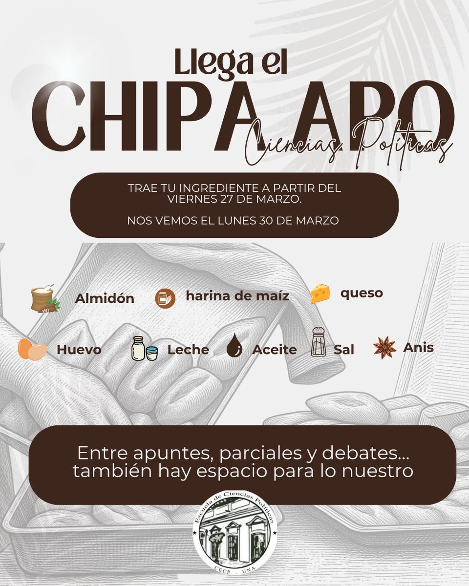ECSyP_UNA's tweet photo. ¡Mantenemos viva la tradición!

Chipa apo en la Escuela de Ciencias Políticas este lunes 30 de marzo.
#ECSyP #DerechoUNA
#SomosUNA https://t.co/m2MXavATgq
