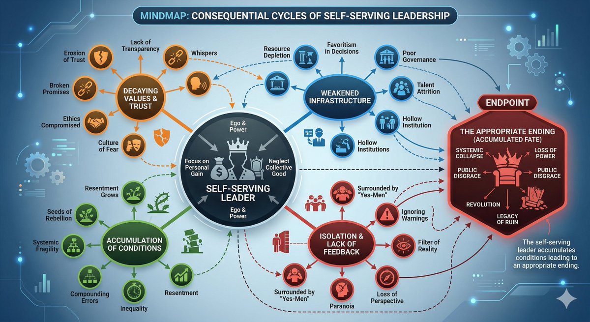 DavidAmerland's tweet image. "The leader who makes self-serving decisions accumulates conditions that eventually produce the ending appropriate to that accumulation." Another way to think of this is Karma.

#snippet #insight #writingproject