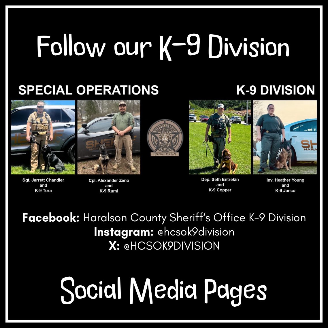 HaralsonSheriff's tweet image. Want to play our weekly Where’s K-9 Tora scavenger hunt? Want to see daily updates filled with K-9 shenanigans? Follow our K-9 Division social media pages!

#HCSOK9Division
#K9Janco🐾
#K9Tora🐾💙
#K9Copper🐾
#K9Rumi🐾💛
#HCSO