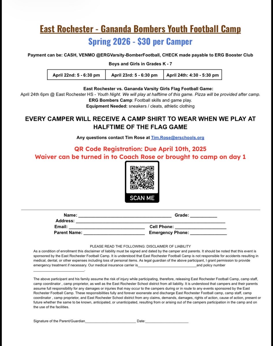 ERGFootball's tweet photo. Boys and Girls K through 7, make sure to sign up for the ERG Youth Football camp taking place April 22 - April 24 @ERUFSD @ERBombers @WeAreGananda @GHSAthletics1 https://t.co/5IscoEKUVc