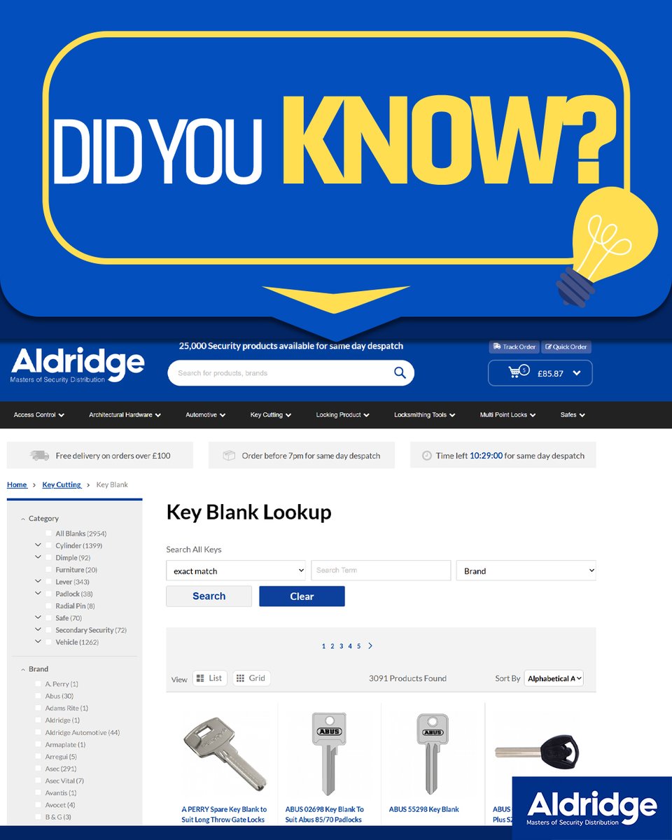 AldridgeSec's tweet image. Our Key Blank Lookup is built to help you narrow down profiles and identify the right blank before you hit checkout.

If you cut keys daily, this tool is well worth bookmarking.

Try it here 👇
aldridgesecurity.co.uk/keyblank

#LocksmithLife #KeyCutting #TradeOnly #WorkshopTools