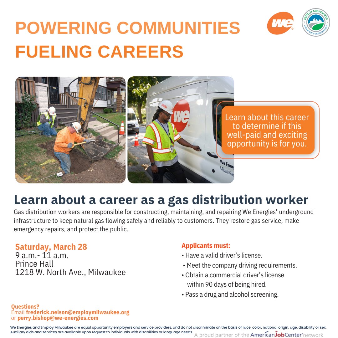 EmployMilwaukee's tweet image. Join us this Saturday for the gas distribution worker info session with We Energies! Register here🔗employmke.wufoo.com/forms/z1sempcx…
#infosession #career #weenergies #milwaukee