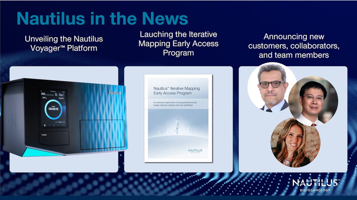 NautilusBio's tweet photo. While every month is a busy one at Nautilus, the last few months have been an absolute whirlwind with the unveiling of the Nautilus Voyager™ Platform, the launch of the Iterative Mapping Early Access Program, and the announcement of our first customers! 

In this blog post, we share press releases and articles covering our exciting news from the last few months.

https://t.co/ocIgq4C0cG

Join us in our journey revolutionize biology with accessible single-molecule proteomics by participating in our Iterative Mapping Early Access Program:

https://t.co/xxqBaqKxks