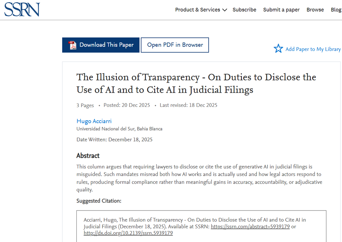 ProgramaAEDuns's tweet photo. En diciembre de 2025, Hugo Acciarri publicaba esta columna sobre la inconveniencia de exigir disclosures del uso de IA y citaciones (links abajo)

El 23 de marzo de 2026, en esa línea, la Corte Suprema de Oklahoma prescribe que no será exigible disclosure de uso de IA. https://t.co/6QlIVwVzBi
