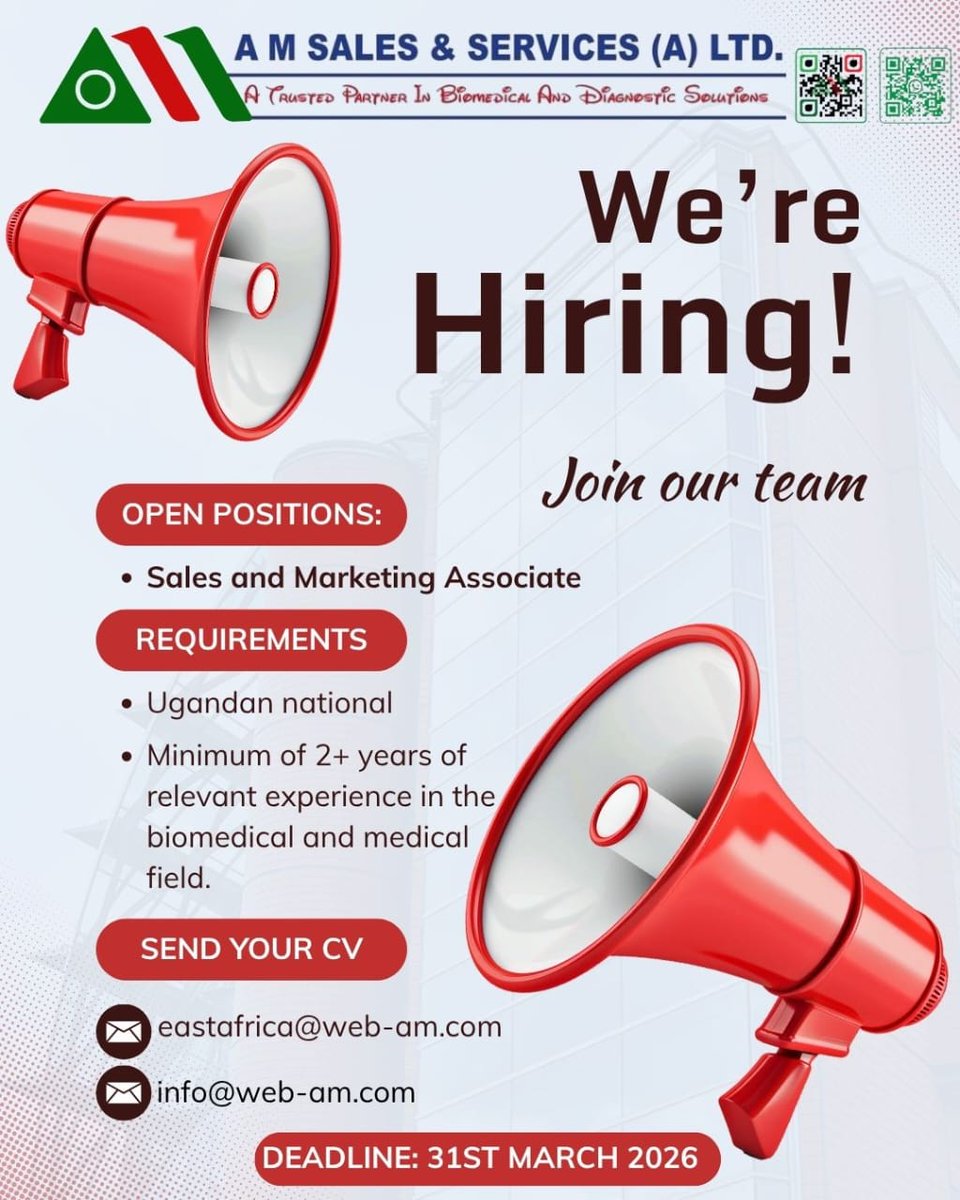 Africa_AMSS's tweet photo. We're Hiring!
#AMSS #Biomedical #Uganda https://t.co/rNrXZrItU9
