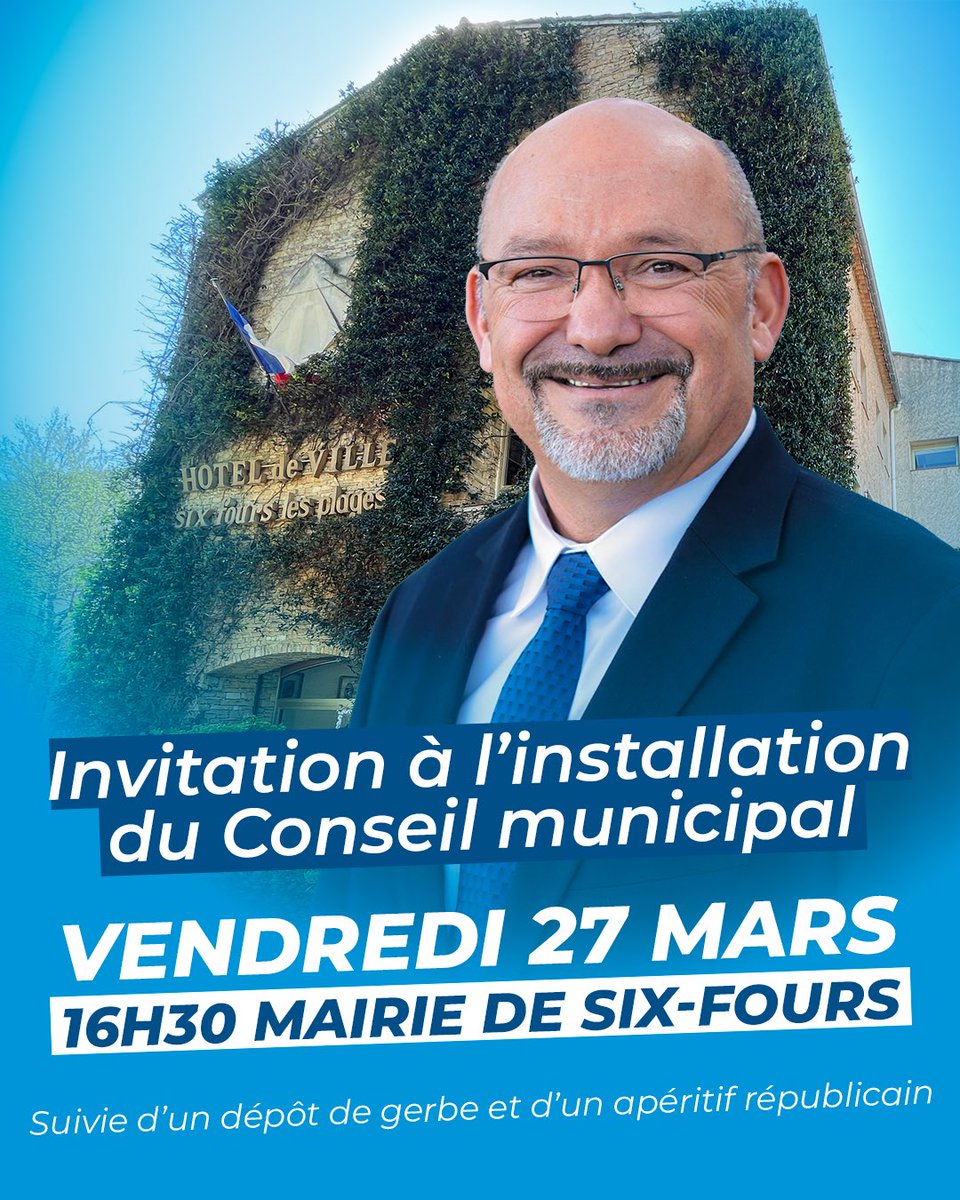 Boccaletti83's tweet photo. 🇫🇷 𝗜𝗻𝘀𝘁𝗮𝗹𝗹𝗮𝘁𝗶𝗼𝗻 𝗱𝘂 𝗻𝗼𝘂𝘃𝗲𝗮𝘂 𝗖𝗼𝗻𝘀𝗲𝗶𝗹 𝗠𝘂𝗻𝗶𝗰𝗶𝗽𝗮𝗹
Je serai ravi de vous accueillir en mairie de Six-Fours les Plages le vendredi 27 mars 2026 à 16h30 à l’occasion de l’installation du nouveau Conseil Municipal.
#election #Municipales #sixfours https://t.co/rIav9xuN2V