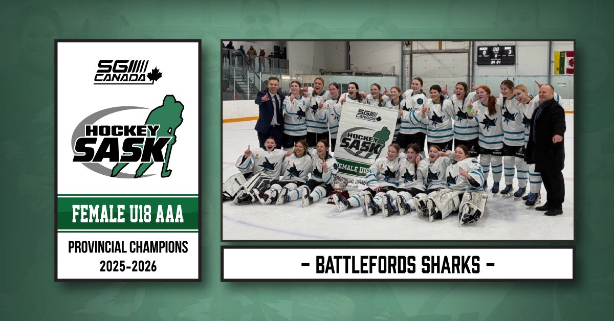 hockeysask's tweet photo. 🏆2⃣0⃣2⃣6⃣ @SGI_CANADA PROVINCIAL PLAYOFFS

DIVISION ➡️ FEMALE UNDER-18 AAA
CHAMPION ➡️ BATTLEFORDS SHARKS

The Battlefords Sharks complete a sweep over the Swift Current Wildcats to secure their first Saskatchewan Female Under-18 AAA Hockey League title and move on to Esso Cup regionals, while the Wildcats close out a strong run to the final.