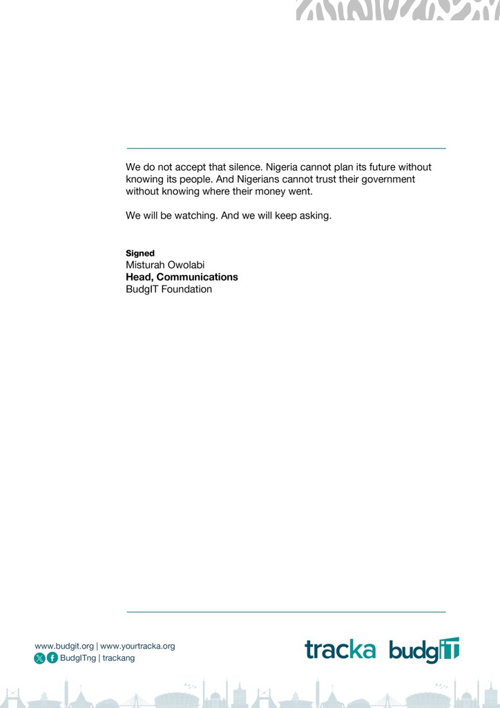 BudgITng's tweet image. We do not accept that silence. Nigeria cannot plan its future without knowing its people. And Nigerians cannot trust their government without knowing where their money went. We will be watching. And we will keep asking.

#GetInvolved #AskQuestions