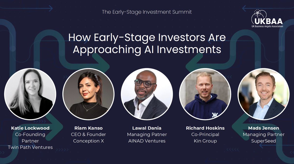 UKBAngels's tweet photo. We’re rounding out the day with an in-depth look at AI investments. #KatieLockwood (@Twinpathvc), @Riam_Kanso (@Conceptionxtech), @dania_lk (@AINADVentures), @RJ_Hoskins (#KinGroup) & @madsnjensen (@Superseed_VC) will be sharing their insights #ESIS https://t.co/090xQC3Bnl