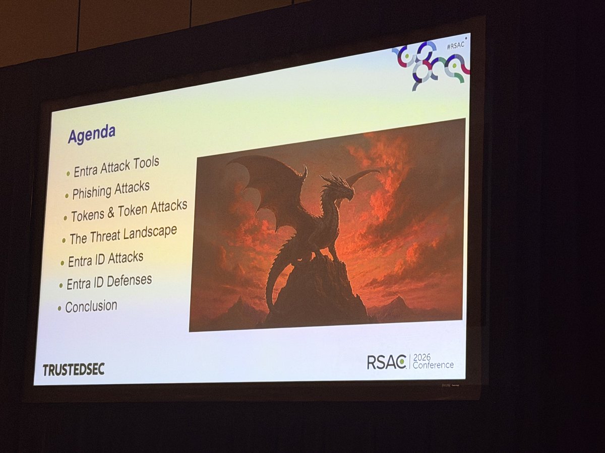 J3ssa's tweet photo. ⁦@PyroTek3⁩ kicking off his presentation #rsac2026!! Entra the Dragon: Entra ID Attack &amp;Defend https://t.co/fHPXfFbLDG