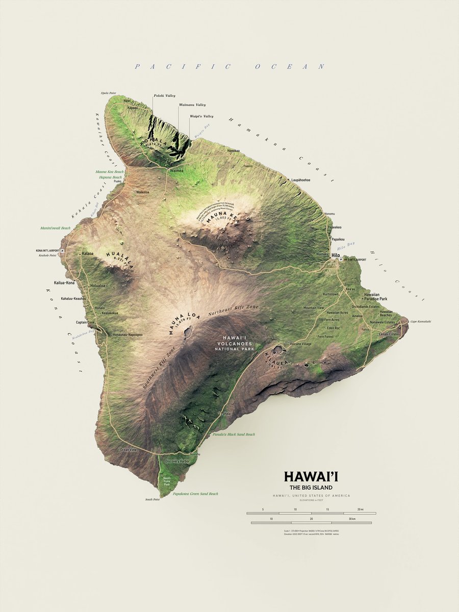verygoodmaps's tweet image. Hawai'i, the Big Island. Work very much in progress. Relief turned out fine, pretty dark on purpose. Wonderful and terrible task to choose what to label comes next. I like the major peaks labels now though. 

#Hawaii #Cartography #GIS