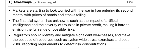 MacroPru's tweet photo. Bloomberg Editorial: "Finance Isn’t Prepared for an Iran Crisis. It Should Be" (gift link) https://t.co/3Nz1q9PZJQ "Regulators should identify and mitigate significant weaknesses" #SystemicRisk #stresstests #AI #NBFI https://t.co/VsDjjschWE