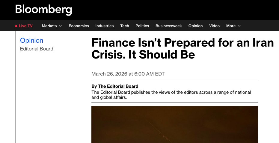 MacroPru's tweet photo. Bloomberg Editorial: "Finance Isn’t Prepared for an Iran Crisis. It Should Be" (gift link) https://t.co/3Nz1q9PZJQ "Regulators should identify and mitigate significant weaknesses" #SystemicRisk #stresstests #AI #NBFI https://t.co/VsDjjschWE